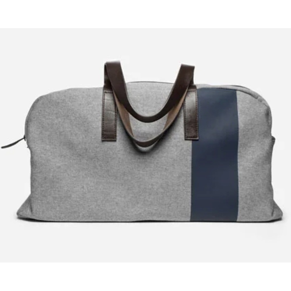 Everlane The Twill Weekender Bag Gray Blue Canvas Leather Straps Duffle Carry On